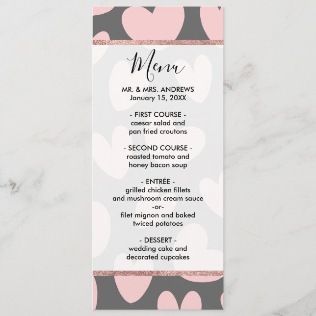 Valentine's Day Pink Gray Romantic Hearts Menu (Front)