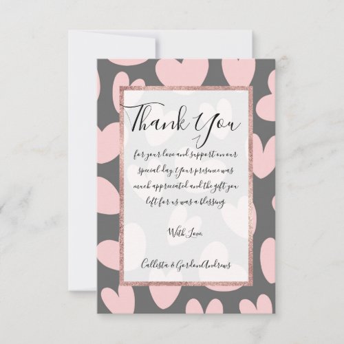Valentines Day Pink Gray Romantic Hearts Thank You Card