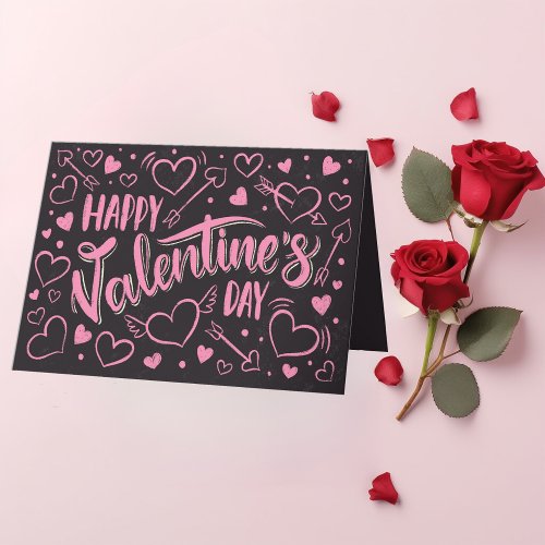 Valentines Day Pink Heart Black Chalkboard Style Holiday Card