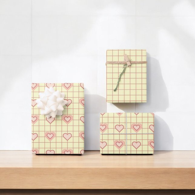 Valentine's Day Pink Heart Cream Checkered Pattern Wrapping Paper Sheets (Creator Uploaded)