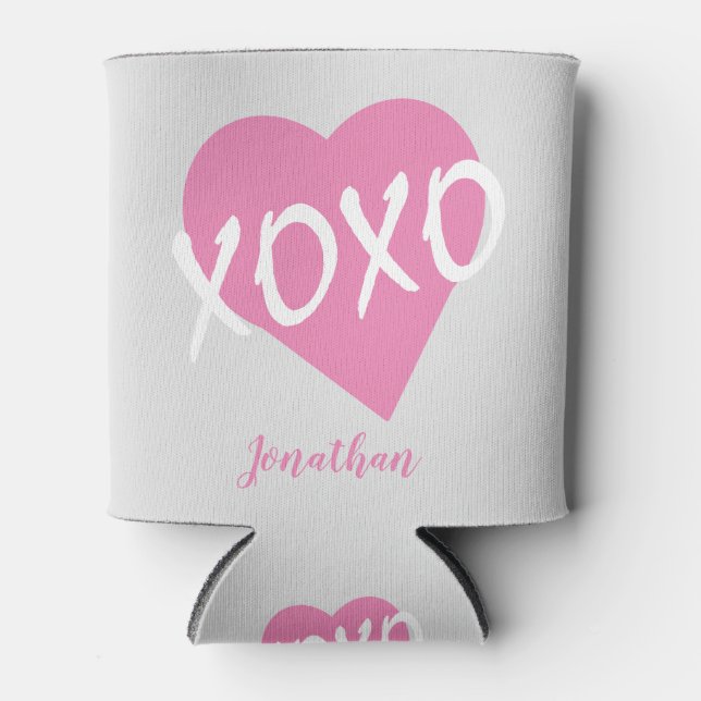 Valentine's Day Pink Heart Kisses Hugs XOXO Gray Can Cooler (Front)