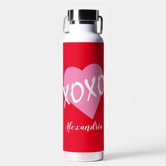 Valentine's Day Pink Heart Kisses Hugs XOXO Red Water Bottle (Front)