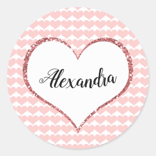 Valentines Day Pink Hearts Custom Name Classic Round Sticker