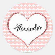 Valentine's Day Pink Hearts Custom Name Classic Round Sticker