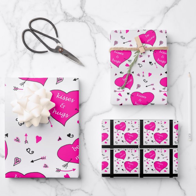 Valentines Day Pink Hearts Hugs n Kisses Wrapping Paper Sheets (Front)