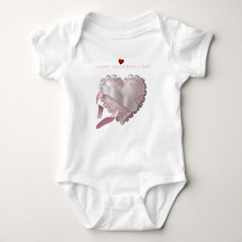 Valentines Day Pink Lace Heart Satin Ribbon Baby Bodysuit
