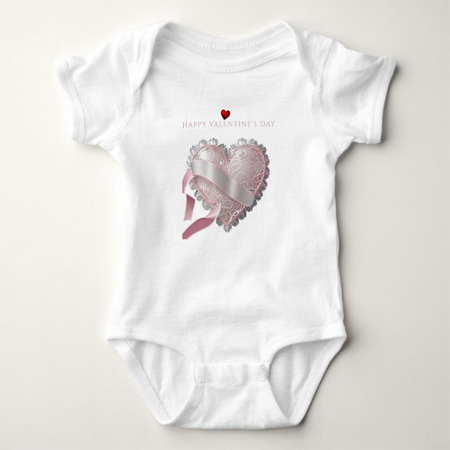 Valentine's Day Pink Lace Heart Satin Ribbon Baby Bodysuit (Front)
