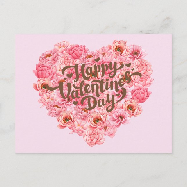 Valentine's Day Pink Peony Floral Heart Postcard (Front)
