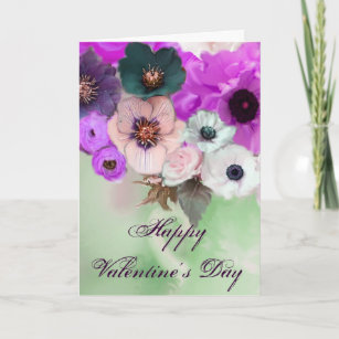 VALENTINE'S DAY PINK PURPLE ROSES, ANEMONE FLOWERS HOLIDAY CARD