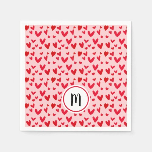 Valentines Day Pink Red Doodle Hearts Monogram Napkins