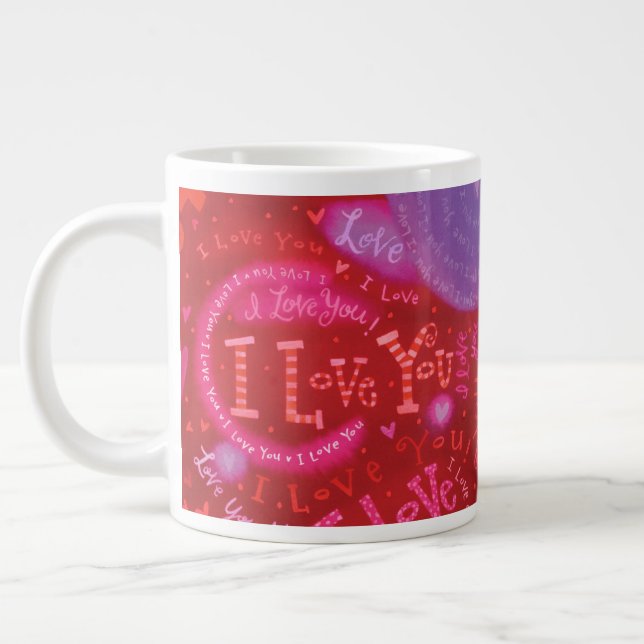 Valentine's Day Pink Red I Love You Typography Giant Coffee Mug (Left)