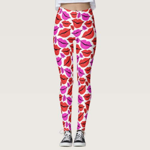 Valentines Day Pink Red Lips Pattern Leggings