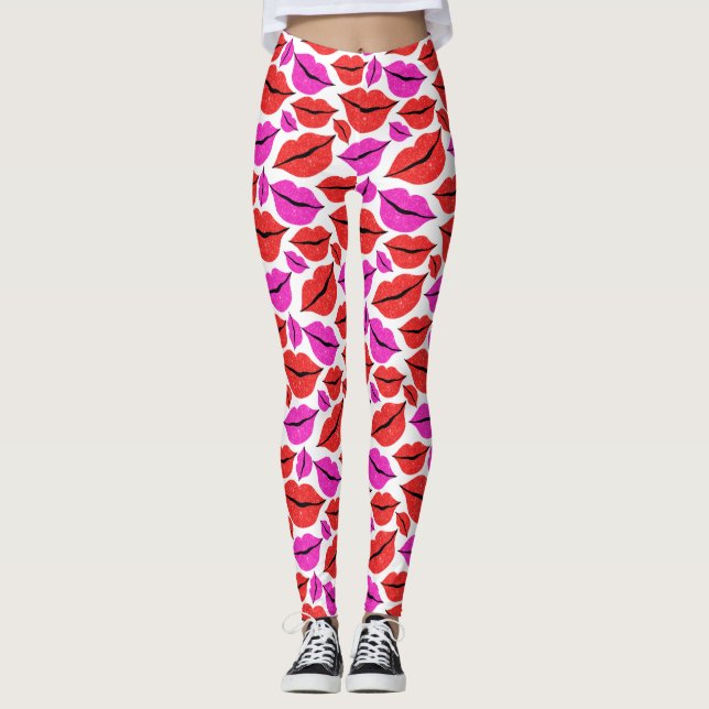 Valentine's Day Pink Red Lips Pattern Leggings (Front)