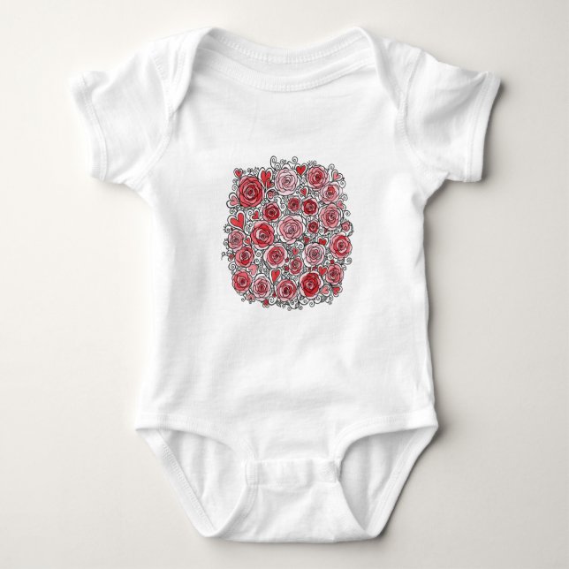 Valentine's Day Pink Red Roses Hearts Doodles  Baby Bodysuit (Front)