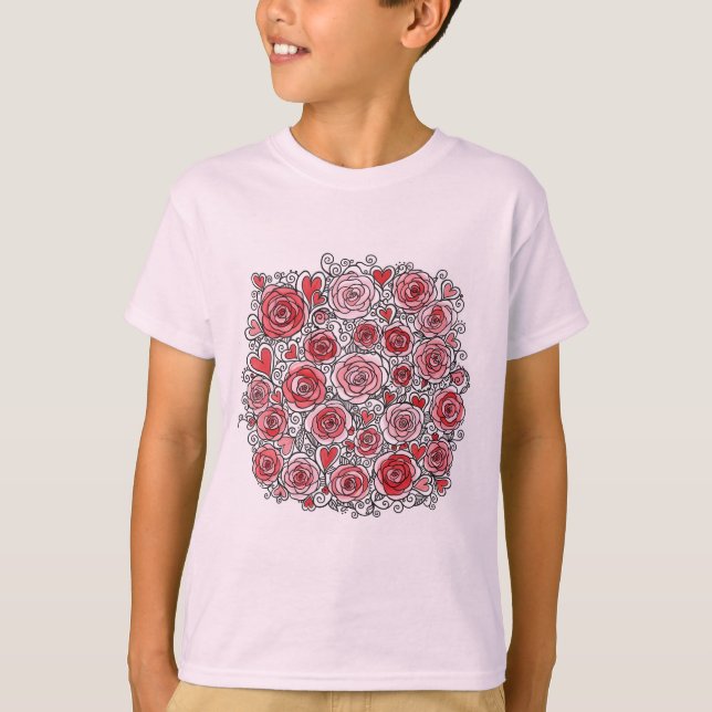 Valentine's Day Pink Red Roses Hearts Doodles  T-Shirt (Front)