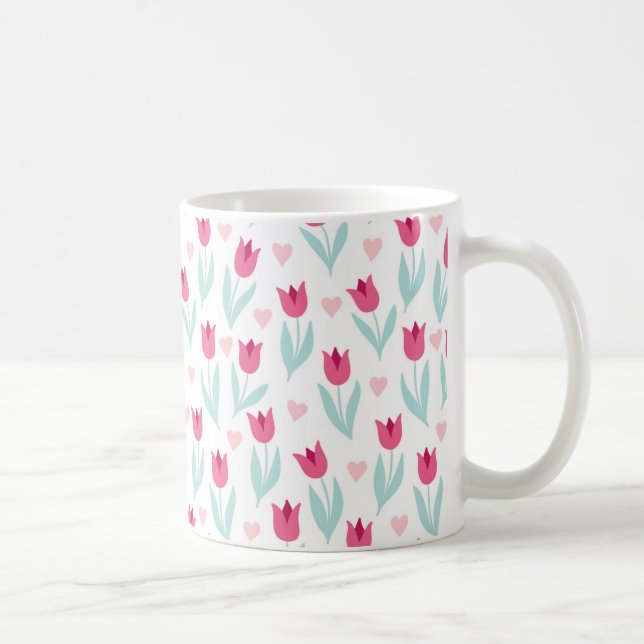 Valentine's Day Pink Red Tulips Flowers Hearts Coffee Mug (Right)