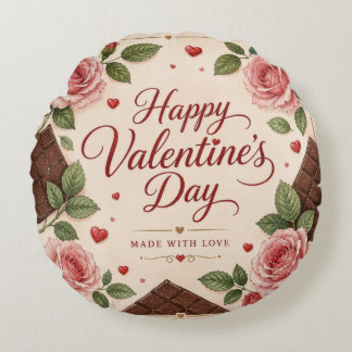 Valentines Day Pink Roses Chocolate Bars Round Pillow