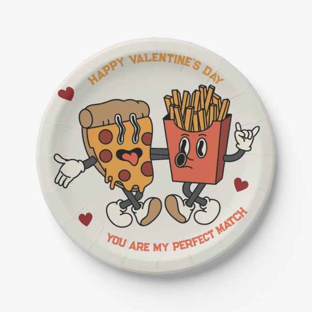 Valentine's Day "Pizza and Fried Potatoes Match"  Paper Plates (Front)