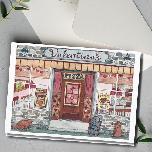 Valentines Day Pizza Shop Watercolor Card