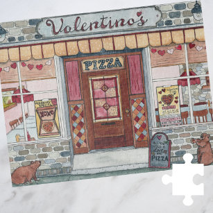 Valentine's Day Pizza Shop Watercolor Jigsaw Puzzle