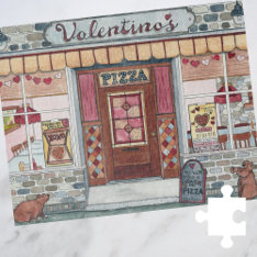Valentine's Day Pizza Shop Watercolor Jigsaw Puzzle at Zazzle