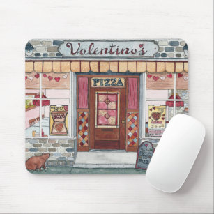 Valentine's Day Pizza Shop Watercolor Mouse Pad