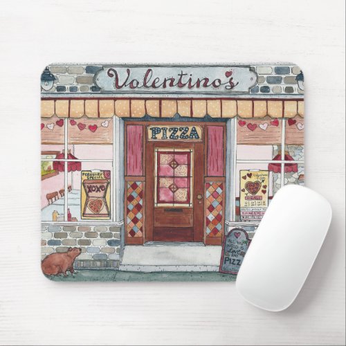 Valentines Day Pizza Shop Watercolor Mouse Pad