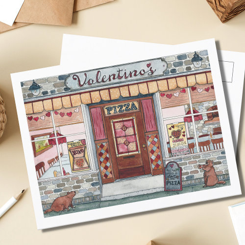 Valentine's Day Pizza Shop Watercolor Postcard