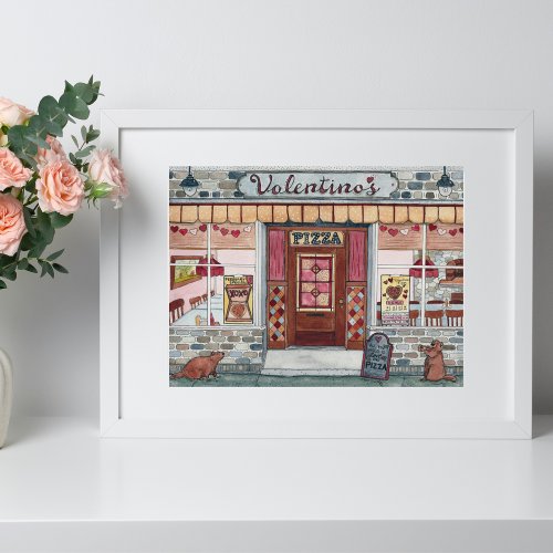 Valentines Day Pizza Shop Watercolor Poster