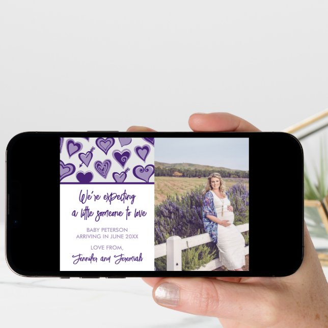 Valentines day pregnancy announcement cards purple (Front Digital)