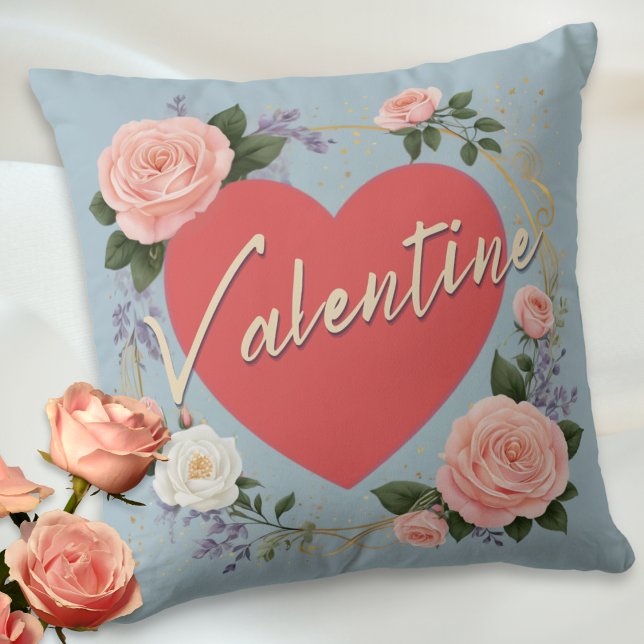 Valentine's Day Pretty Floral Pink Roses Custom Throw Pillow (An elegant throw pillow for Valentine's Day, with love heart, pink roses and custom text on the back)