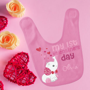 Valentine's Day Pretty Pink Elephant Girls Name Baby Bib