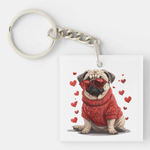 Valentines Day Pug Dog Keychain
