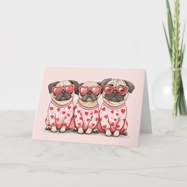 Valentines Day Pug Dogs Holiday Card (Front)