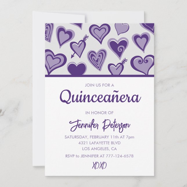 Valentines day quinceanera invitation heart purple (Front)