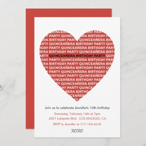 Valentines day quinceanera invitations xoxo red