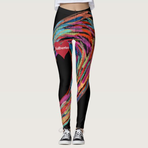 Valentines Day Rainbow Red Heart Add Name Black Leggings