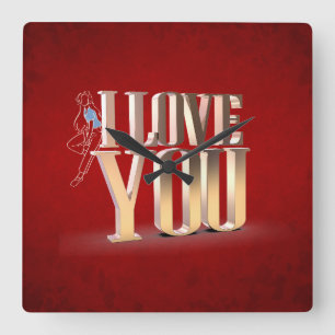 Valentine's Day Red 3D I Love You Square Wall Clock