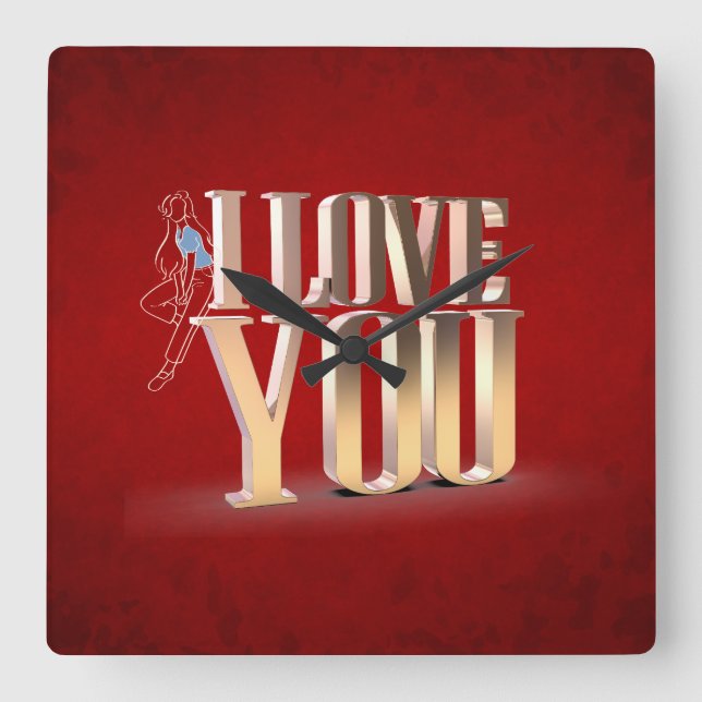 Valentine's Day Red 3D I Love You  Square Wall Clock (Front)