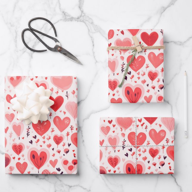 Valentine's Day Red and Pink Hearts Wrapping Paper Sheets (Front)