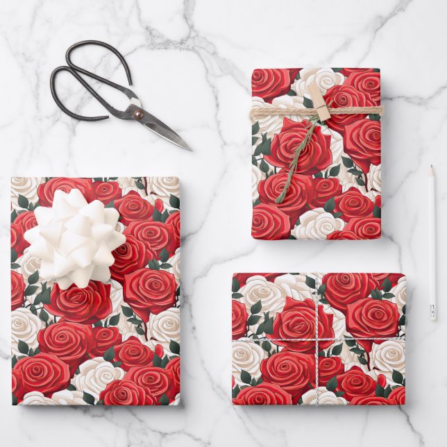 Valentine's Day Red and White Roses Wrapping Paper Sheets (Front)