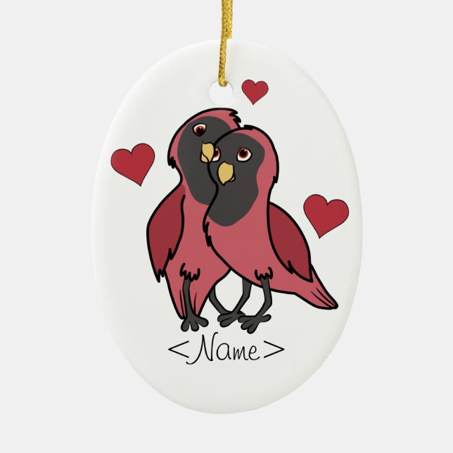 Valentine's Day Red & Black Love Birds with Hearts Ceramic Ornament (Front)