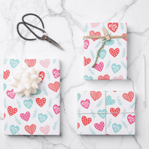 Valentines Day Red Blue Magenta Hearts Wrapping Paper Sheets