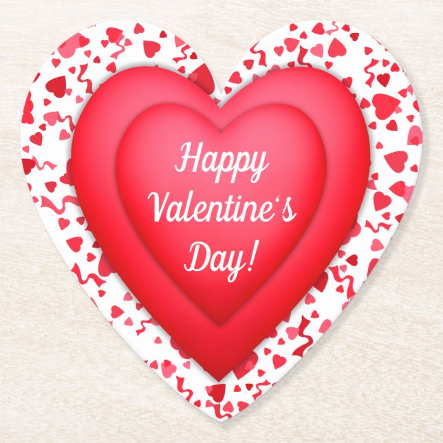 Valentine's Day Red Confetti Heart Personalized Paper Coaster (Front)