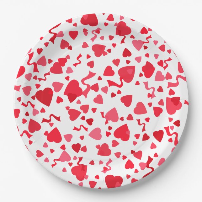  Valentine's Day Red Confetti Hearts Paper Plates (Front)