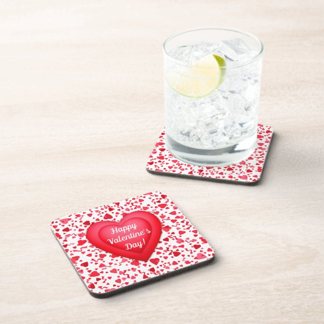 Valentine's Day Red Confetti Hearts Pattern Beverage Coaster (Right Side)
