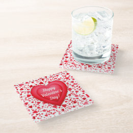 Valentine's Day Red Confetti Hearts Pattern Glass Coaster