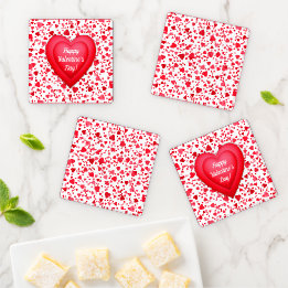 Valentine's Day Red Confetti Hearts Personalized Coaster Set
