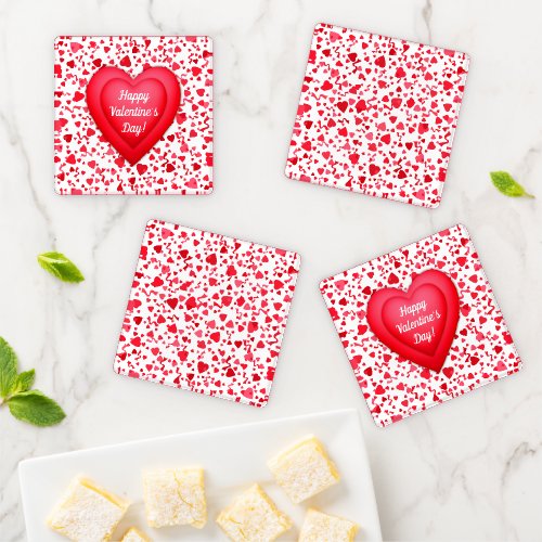 Valentines Day Red Confetti Hearts Personalized Coaster Set