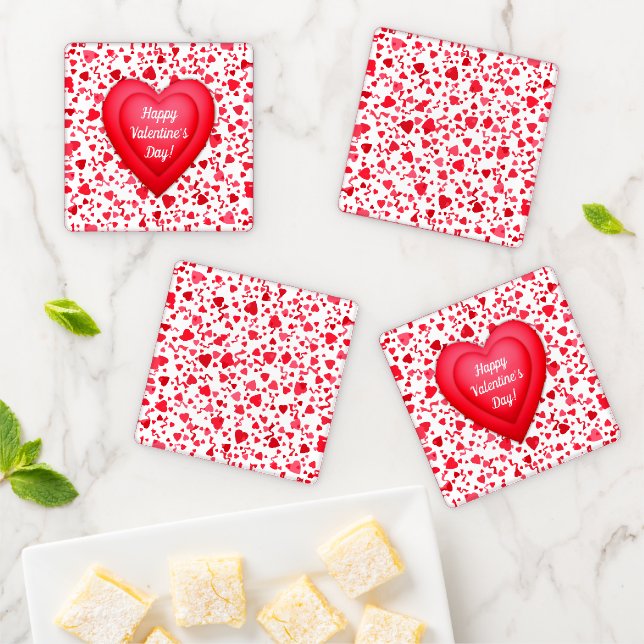 Valentine's Day Red Confetti Hearts Personalized Coaster Set (In Situ)